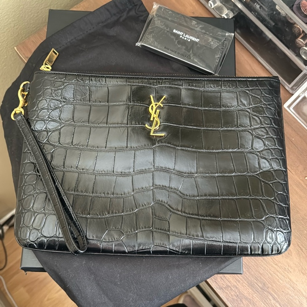 Saint Laurent Calfskin Crocodile Embossed Tablet Pouch/Clutch